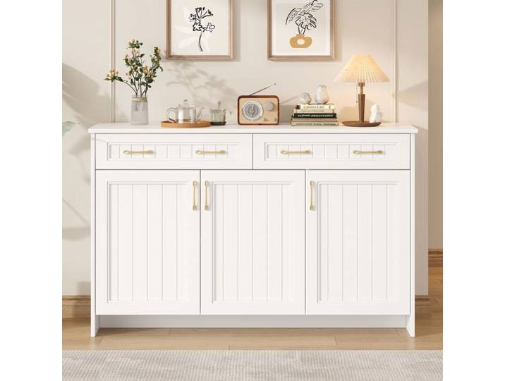 Buffet de rangement 160x40x80 cm - 3 portes - 2 tiroirs - meuble de salon et salle à manger - MDF - Blanc