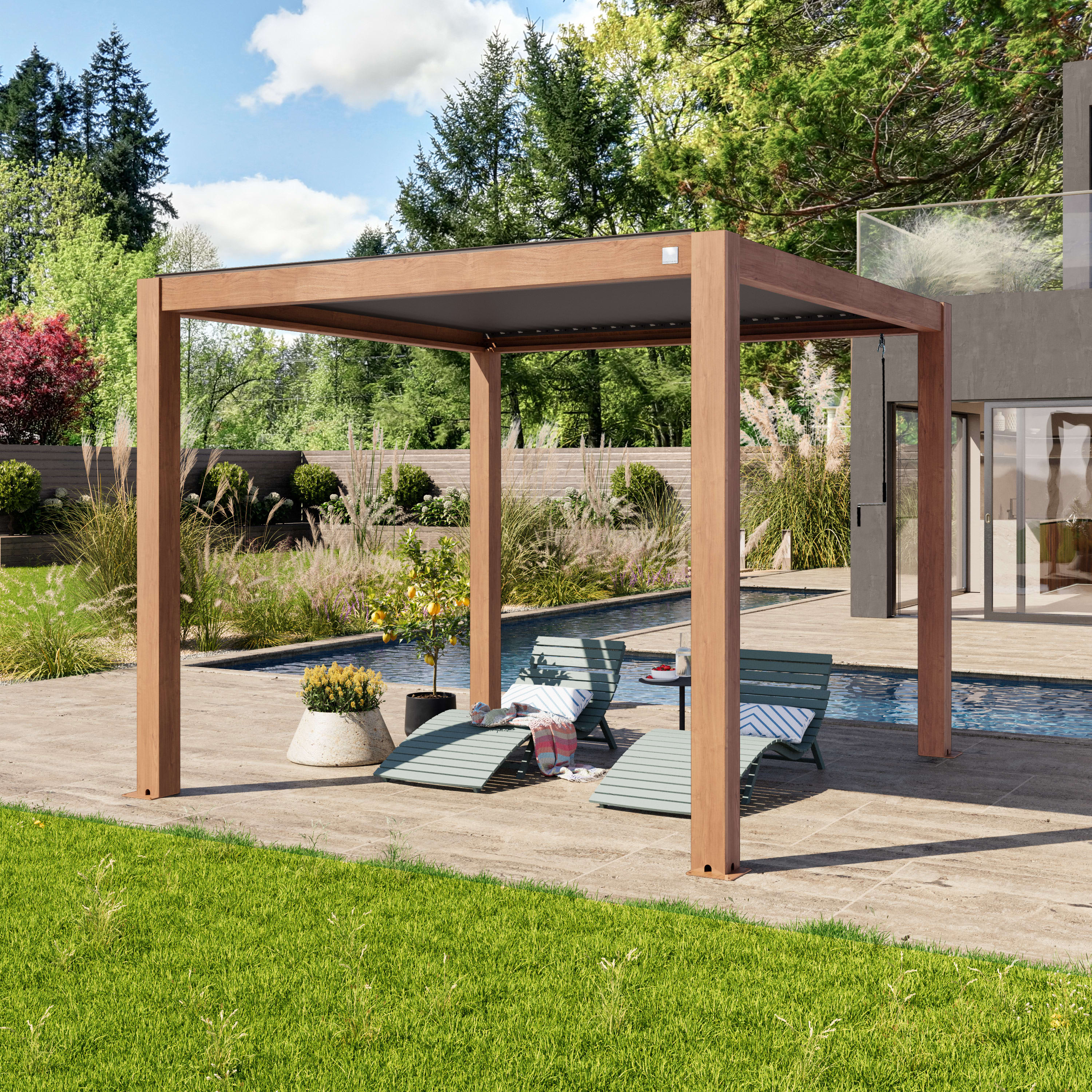 TOOLPORT 3x3m Pergola, säleikkökatto, puujäljitelmä - (400115)