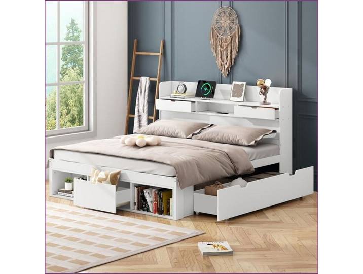 Lits Cadres et Sommiers - Lit Double Multifonctionnel 140x190 cm avec USB Tiroirs & Armoire Blanc Enfant/Adolescent