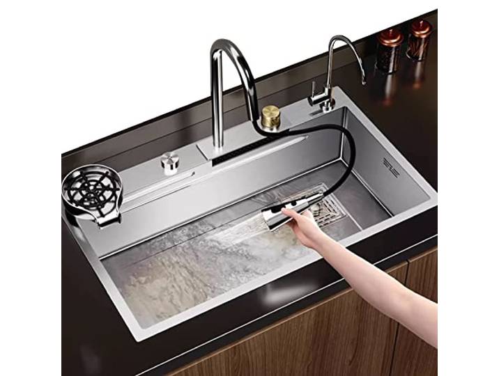 Edelstahlspüle Silberne Küchenspüle Große Spüle Wasserfall-Wasserhahn Hochdruck-Tassenspüler Abfluss Mit Knopfsteuerung (S : 75x45x21cm)