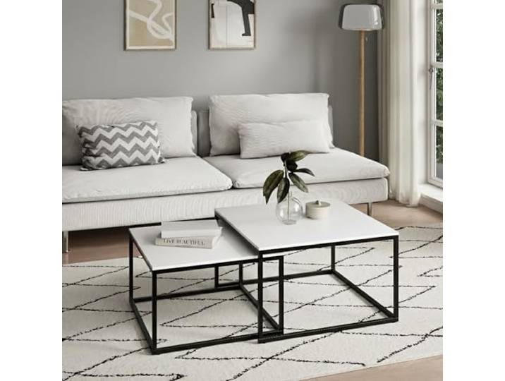Home Collective Couchtisch 2er Set quadratisch weiß aus Holz, Wohnzimmertisch Modern, Beistelltisch Set 2in1 mit Metallgestell für Wohnzimmer Büro Beistelltisch Loft Design Twin, Kratzfeste Oberfläche