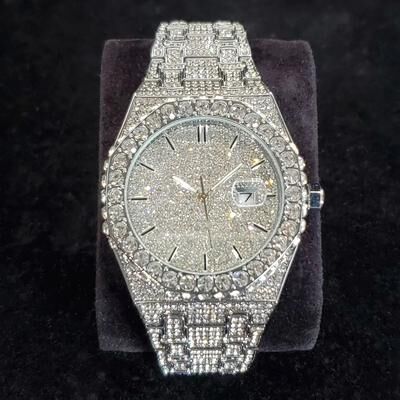 Inspire Select UNIGUET DA04 Iced Out Gold Diamond Men's Luxury Quartz Watch Stainless Steel Hip Hop Style silver