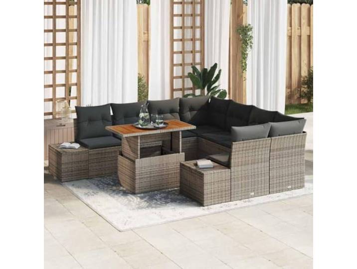 HEFZGDB 9-teiliges Poly Rattan Garten Esszimmer Set mit Kissen in Grau und Braun - Möbel Rattan Set für Terrasse und Außenbereich mit rechteckigem Akazienholztisch