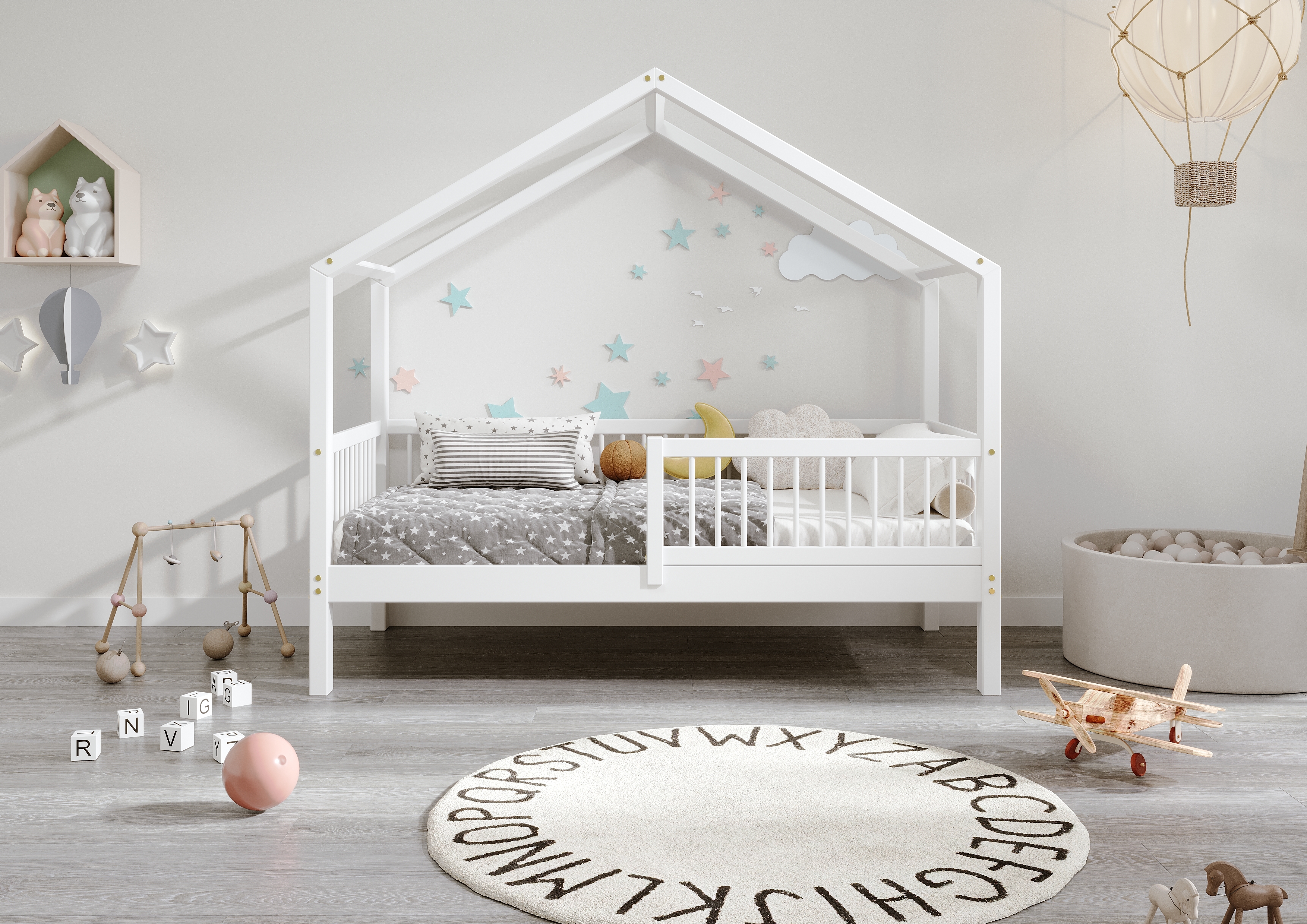 TIMBEE MURLO Hausbett Kinderbett 80x160 cm Weiß mit Rausfallschutz Lattenrost Naturholz Kiefer Holzbett Beinhöhe 23 cm