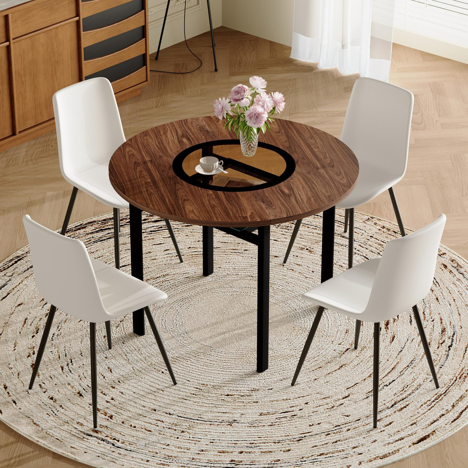 STILVORA Eetset met ronde eettafel in bruine houtlook en 4 witte stoelen, Diameter: 100 cm