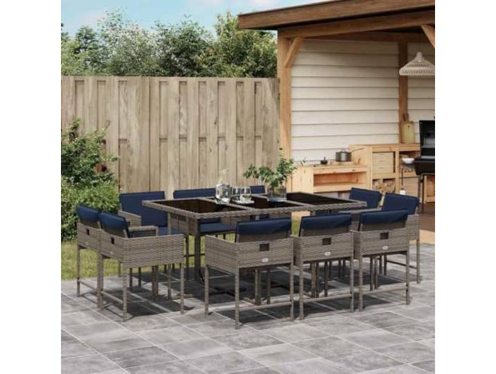 KTHLBRH Gartenmöbel-Set, 11-teilig, mit Kissen, grau Strapazierfähiges Polyrattan, Glastisch, Klappstühle, waschbar, für den Außenbereich