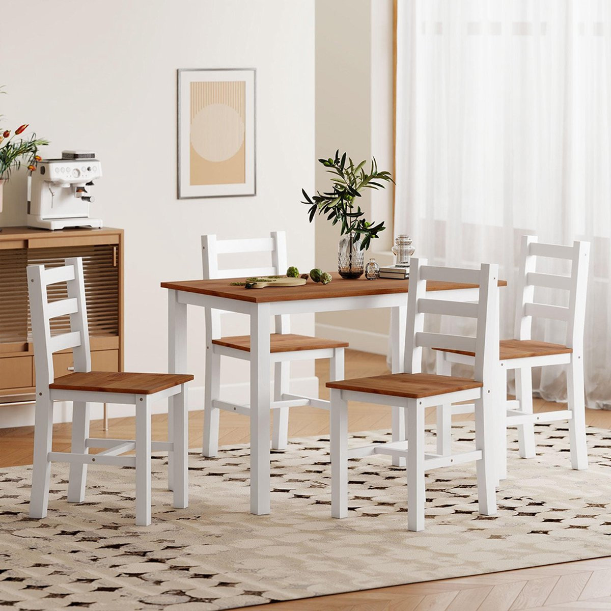 Pugsdrly Eethoekset met eettafel en 4 stoelen in bruin en wit grenenhout