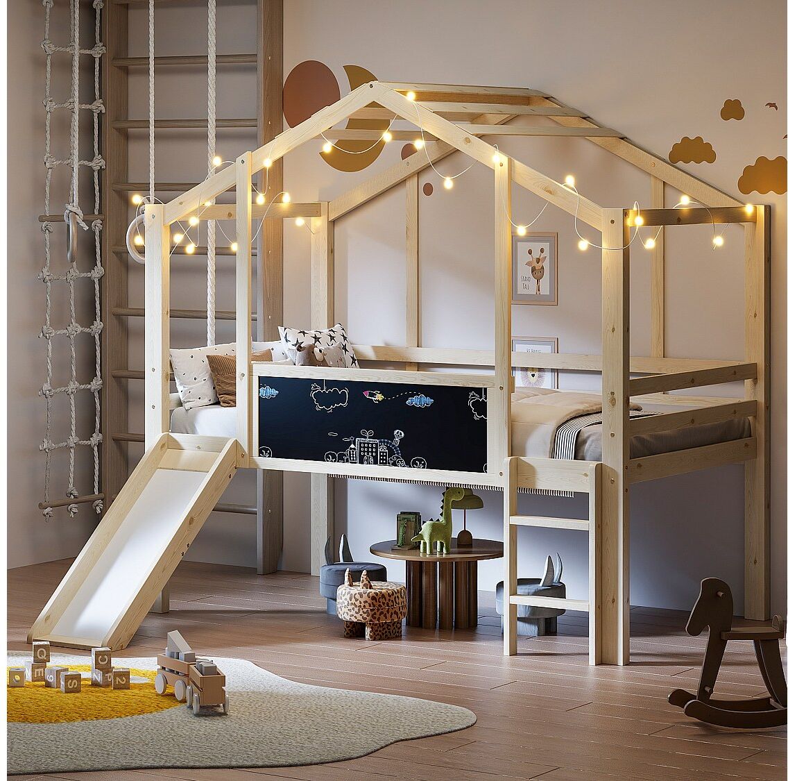 Hauss Spole Kinderbed 90x200cm met krijtbord en glijbaan, lattenbodem, natuurlijke kleur