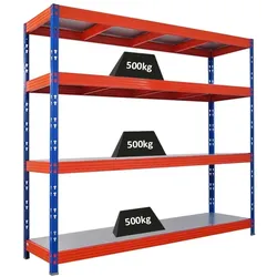 PROREGAL Profi Schwerlastregal RHINO | HxBxT 180x200x60cm | 4 Stahlplatten-Ebenen | Fachlast 500kg | Blau/Orange | Stecksystem Lagerregal Regalsystem