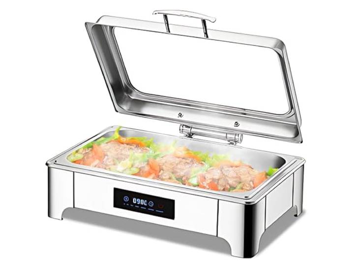 VFDZ Chafing Dish Elektrisch 9L (B, Full PAN) Catering Warmhaltebehälter Smart-Temperaturanpassung, Rechteckiger Chafing Dish Set Speisenwärmer mit Sichtbarem Glasdeckel