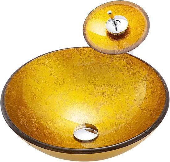 Waschtisch aus Glas mit Wasserfall-Armatur, 42x42x14,5 cm, Gelb, Modernes Design