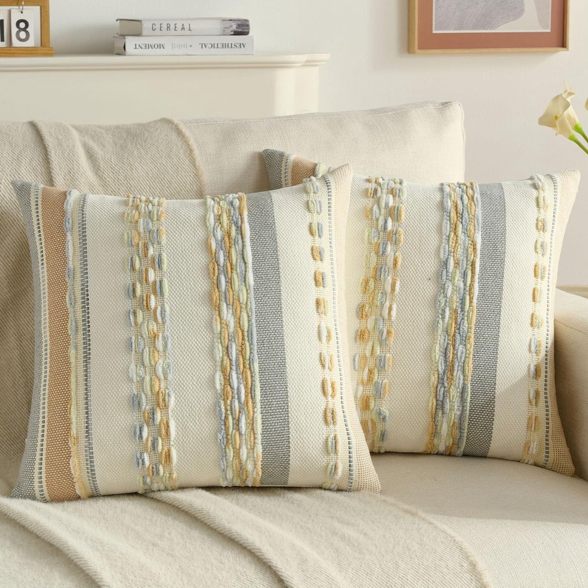 Set van 2 Gestreepte Chenille Kussenhoezen - Boho Decoratie voor Sofa