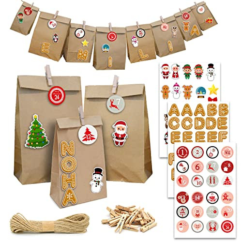 DuneDesign DIY Adventskalender Set met 24 Papieren Zakken, 100 Stickers en 10m Slinger - Invulbare Kerstkalender van Kraftpapier