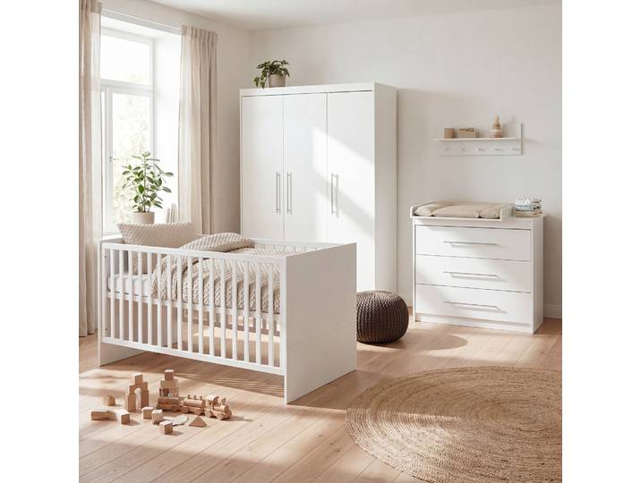 Kinderzimmerset 'Maren' 3-teilig - Bett 70x140 + Wickelkommode schmal + Kleiderschrank 3-türig
