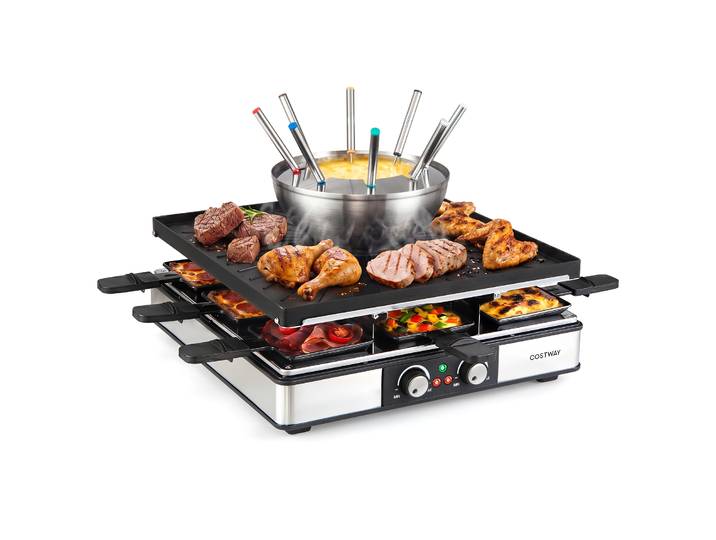 Raclette-grill met Fondue 2200 W Elektrische Grill voor 8 Personen met Antiaanbak-grillplaat en 8 Pannetjes