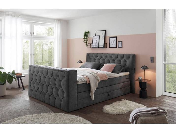 ED EXCITING DESIGN Boxspringbett Springdale - TV-Halterung, Bettkasten, Topper & Wendematratze H3/H4 (Komplettbett mit Topper, Matratze, Stauraum & TV-Halterung), Stauraum, TV-Halterung, Gel-Lux-Topper, Wendematratze H3/H4