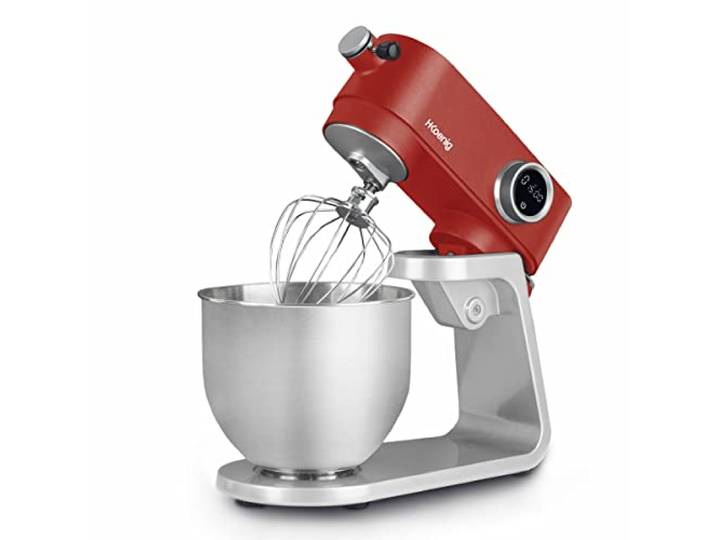 H.Koenig Professionelle Multifunktions-Küchenmaschine 5L KM124 Edelstahl matt rot Leistungsstarke 800W, Küchenmaschine mit 8 Gängen, Schneebesen, Mixer, Knethaken, Spritzschutzdeckel