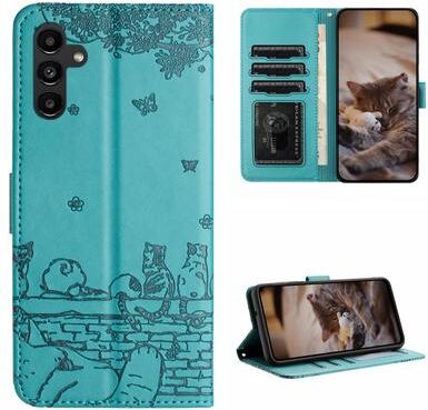 Inspired Deals Cute Cat Embossed Wallet Phone Case For Samsung Galaxy With Card Holder And Lanyard For Samsung Galaxy A34 blue