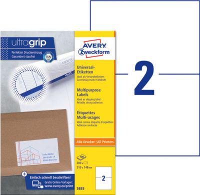 AVERY Zweckform Universal Etiketten 3655, ultragrip, A4, matt, 200 Etiketten