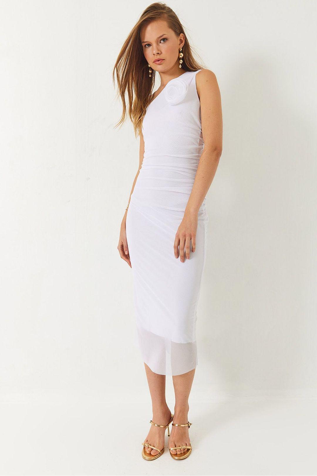 Asymmetrische Kraag Midi Jurk met Strik