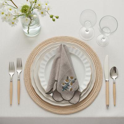 Storied Home "Fabric Scalloped Napkins with Contrasting Stitched Edges and Embroidered Daisies - 18.0""L x 18.0""W x 0.25""H"