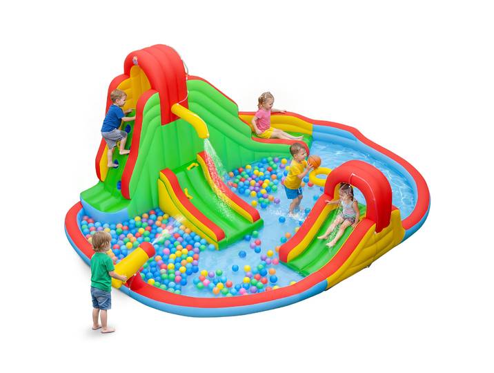 Opblaasbaar Springkussen Waterpark voor Kinderen met 2 Waterglijbanen Peuterbad Klimwand en Basketbalring