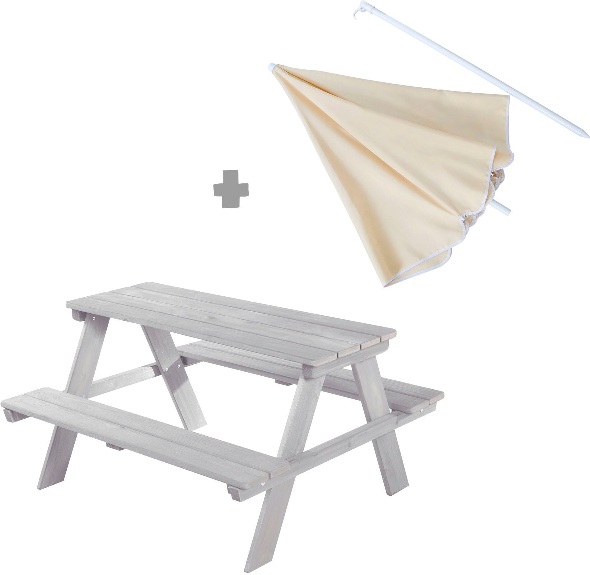 Garten-Kindersitzgruppe ROBA "Picknick for 4 Outdoor +", grau, Sitzmöbel-Sets, Kinder, B/H/T: 89cm x 175cm x 84,5cm, Massivholz, Garten-Kindersitzgruppe, grau, mit Sonnenschirm, B:89cm H:175cm T:84,5cm