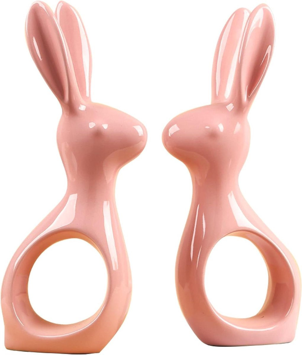 Handgemaakt Keramisch Konijn Beeldje - Roze Dieren Sculptuur voor Tafeldecoratie