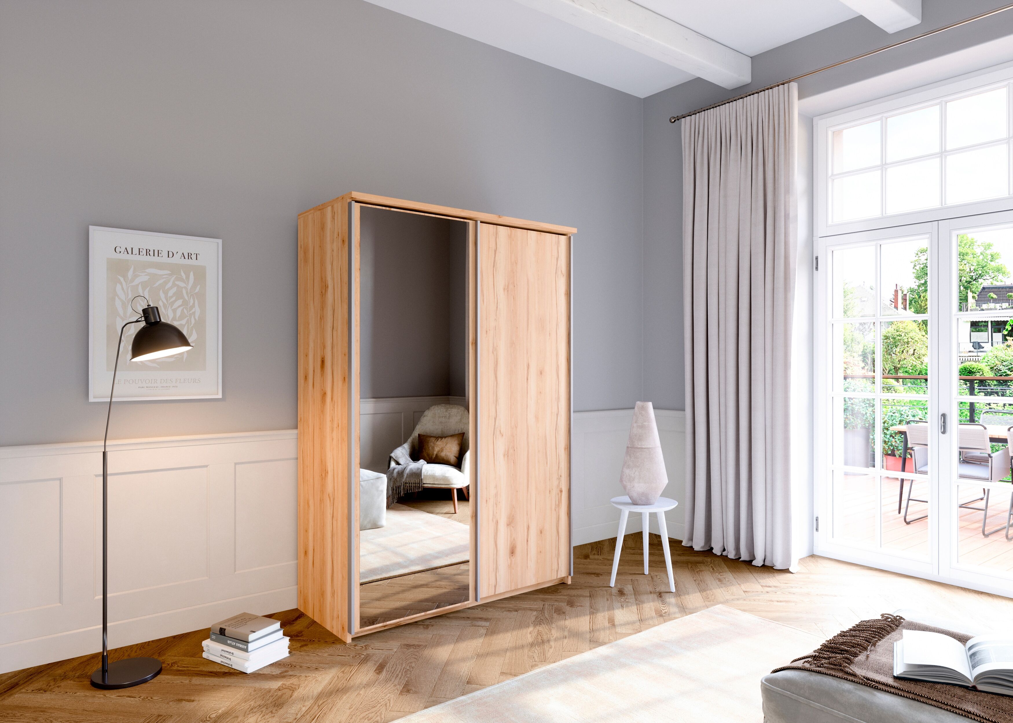 Schwebetürenschrank PRIESS "Arnsberg", braun (astkernbuche), B:144cm H:211cm T:64,5cm, Holzwerkstoff, Schränke, Schwebetürenschrank, mit Spiegel