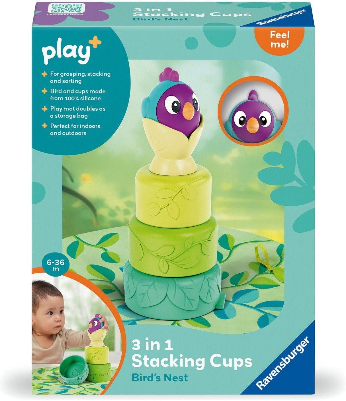 Ravensburger Play+ 3-in-1 Stacking Cups Bird's Nest for Babies 6 months - Soft, Textured Cups, Suction Base, Fabric Playmat
