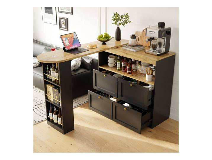 HAUSS SPOLE Bartisch 360° drehbare Essbar mit 4 Schubladen, offenen Regalen für Esszimmer (drehbar Sideboard, Esstisch, 4 Schubladen und offene Fächer), 360° drehbare Essbar mit Schubladen und offener Stauraum