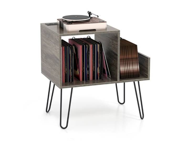 GOPLUS Petit Meuble pour Tourne-disque et Vinyles avec Station de Charge-Séparateur Amovible-Etagère Ouverte-Pieds en Métal Gris