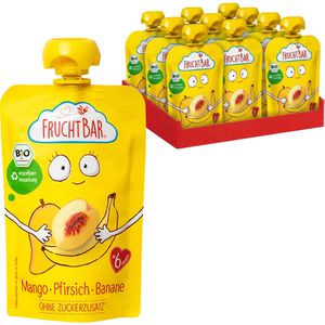 FruchtBar Fruchtpüree Quetschie, 100% Frucht, BIO, Mango, Pfirsich & Banane, je 100 g, 8 Stück