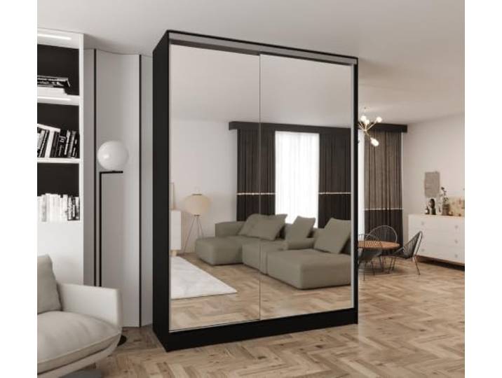 Kleiderschrank mit Spiegel und Schiebetüren Weiß 110x250 cm 2 Kleiderstangen, Ohne Schubladen, MDF Platte, Inklusive Montageset, Mit Einlegeböden, Viel Stauraum, Praktische Aufteilung