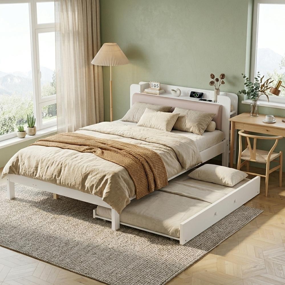 Funktionsbett 120x200cm aus Holz in Weiß mit Ausziehbett 90x190cm, gepolstertem Kopfteil und Ladestation für Kinderzimmer, Jugendzimmer oder Gästezimmer