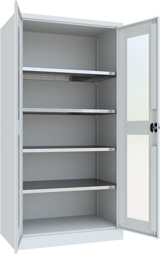 Flügeltürschrank mit Sichtfenster, 4 Fachböden, Höhe 1950 mm, HxBxT 1950 x 1000 x 600 mm, Tür lichtgrau Pavoy