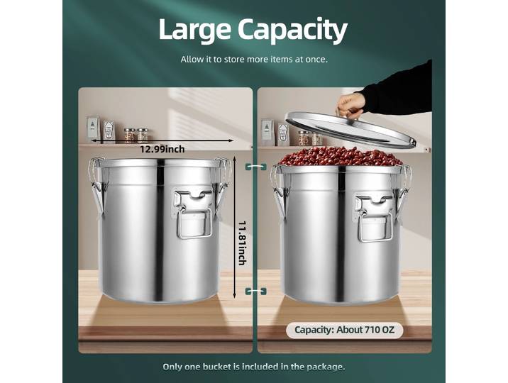 Récipient hermétique pour riz en acier inoxydable 304, 33l, poubelle de rangement scellée à trois boucles pour farine de riz, organisateur de garde-manger de cuisine