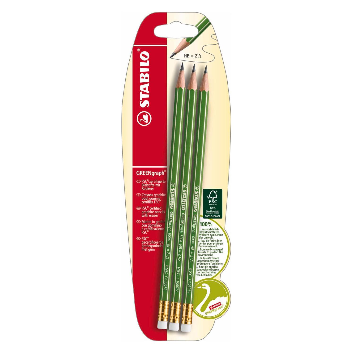 Stabilo Greengraph 3er Bleistift HB mit Radierer (2 mm, HB, 3x) (B-36606-10)
