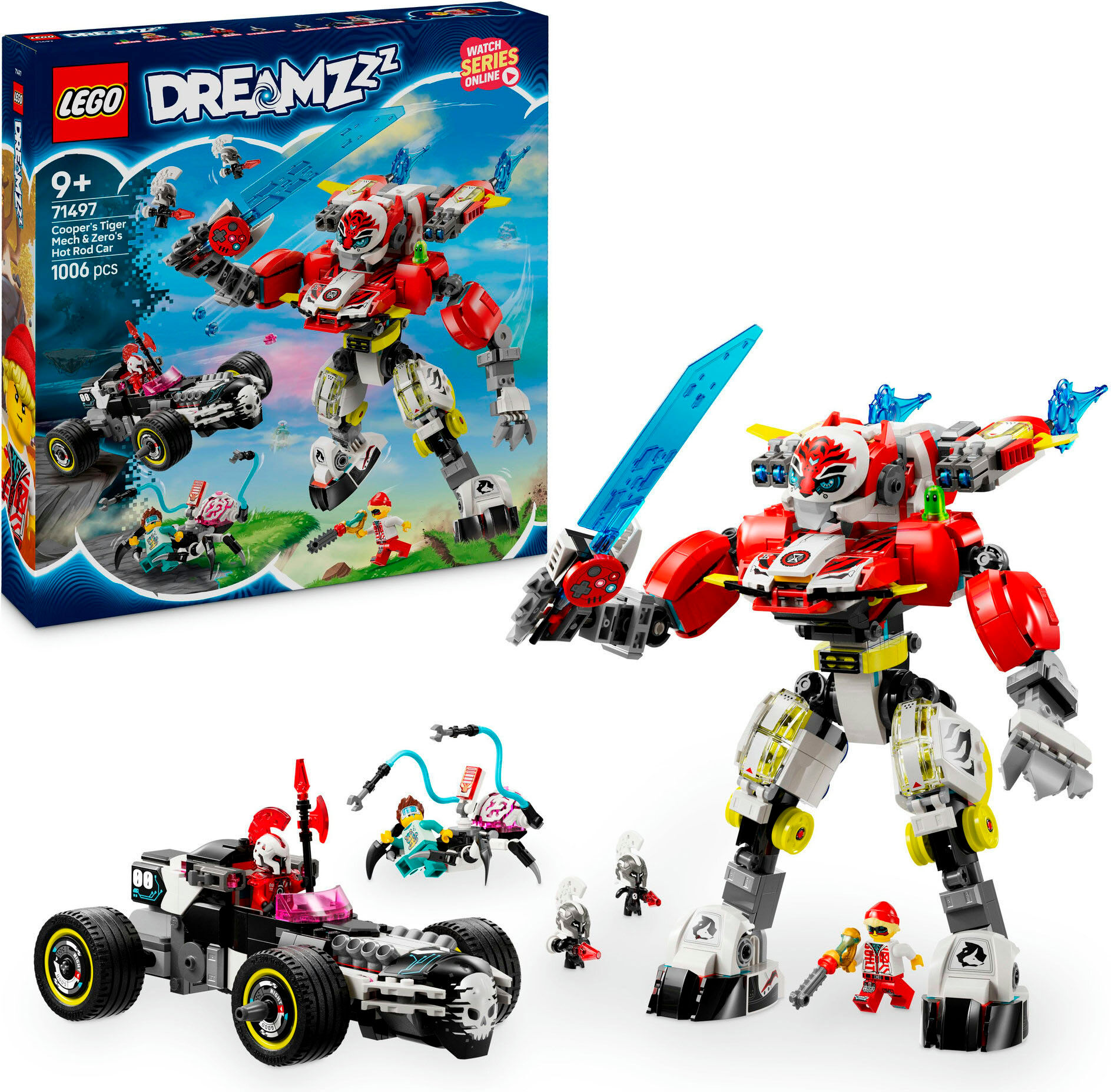 Konstruktionsspielsteine LEGO "Coopers Tiger-Mech und Zero's Hot Rod Auto (71497), LEGO DREAMZzz", bunt, Spielbausteine, Kinder, Kunststoff, Konstruktionsspielsteine, Made in Europe
