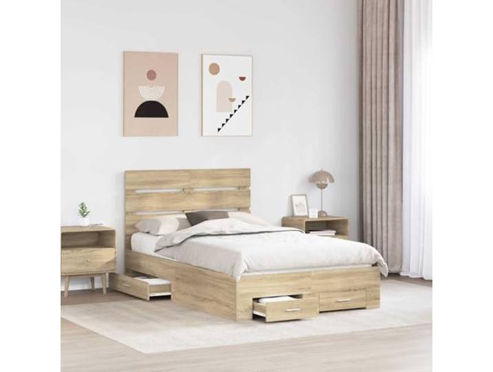 KTHLBRH Bettgestell mit Schublade Eiche Sonoma 135 x 190 cm Mehrschichtiges Holz, Kopfteil inklusive, modernes Design, einfache Pflege, Verwendung im Innenbereich