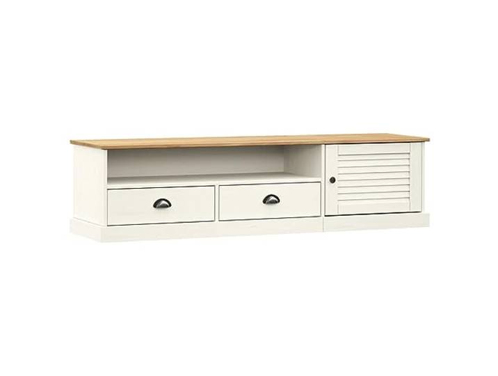 KGFHERENB TV-Schrank VIGO Weiß 156x40x40 cm Massivholz Kiefer Lowboard Viel Stauraum für Wohnzimmer und Schlafzimmer mit Lamellentür, Schubladen und Fach für Multimediageräte.