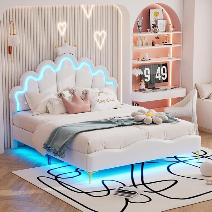 Kinderbett Polsterbett 140x200cm mit LED-Beleuchtung und 1 Schublade | Höhenverstellbares Kopftei, Wolkenförmig mit Krone, Mädchen Bettgestell, Lattenrost, Ohne Matratze, PU, Weiß