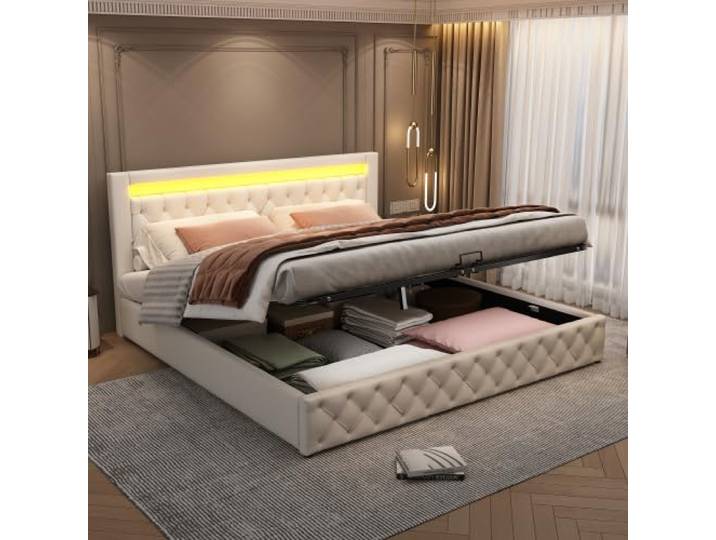 YuQozii Polsterbett 180 x 200 cm Funktionsbett mit Lattenrost und Stauraum, LED-Beleuchtung, PU (Weiß, 180 x 200 cm)