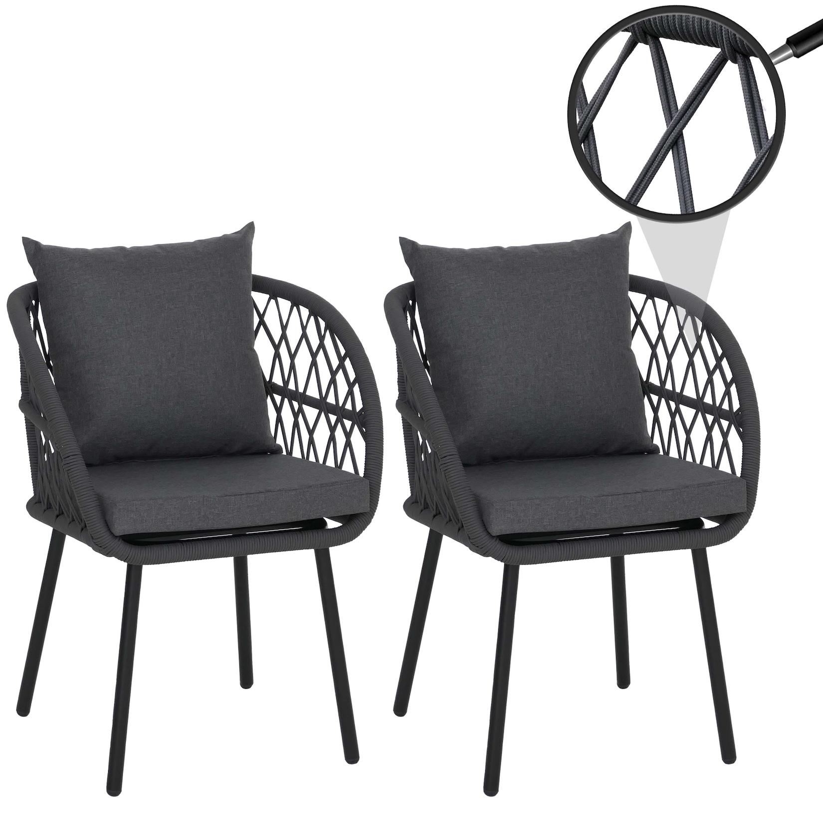 2er-Set Gartenstuhl MCW-Q38, Gartensessel Armlehne, Aluminium Seilgeflecht Rope ~ Gestell schwarz, Polster anthrazit