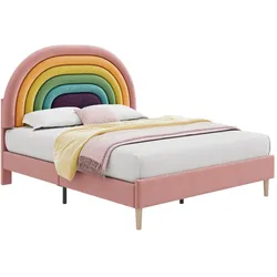 Polsterbett 140x200 Höhenverstellbares Regenbogen-Kopfteil Samtbett Lattenrost 16 cm Füße Stauraum Kleines Schlafzimmer Rosa
