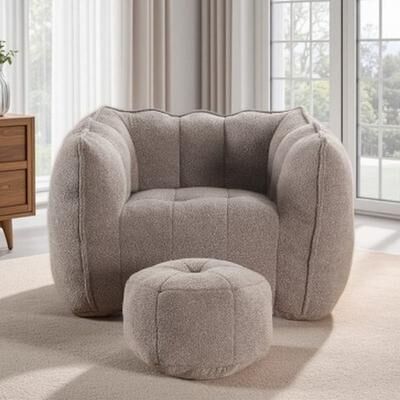 Modern Chenille Bean Bag Chair with Footstool, High Resilience Foam Filled Square Floor Sofa with Armrests & Handle