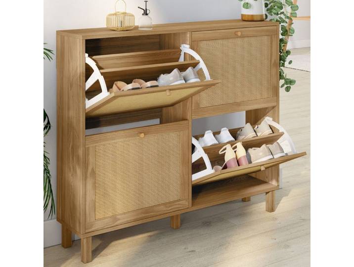 IDMARKET Meuble à chaussures 20 paires HANAE 4 portes effet naturel cannage