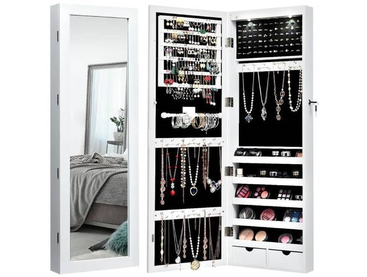 DREAMADE Armoire à Bijoux avec Miroir Armoire de Rangement Mural avec Lumière LED&Serrure&Clé Armoire Accrochée à la Porte Blanc