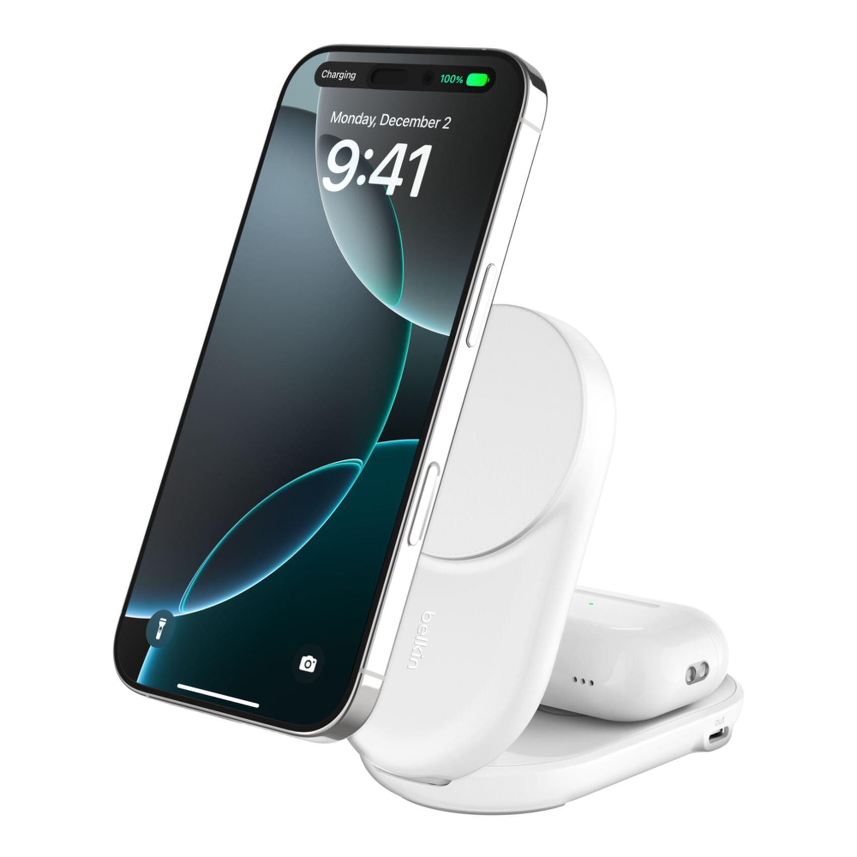Belkin UltraCharge faltbare magnetische 2-in-1-Ladestation mit Qi2 25W weiß, rund WIZ039kqWH