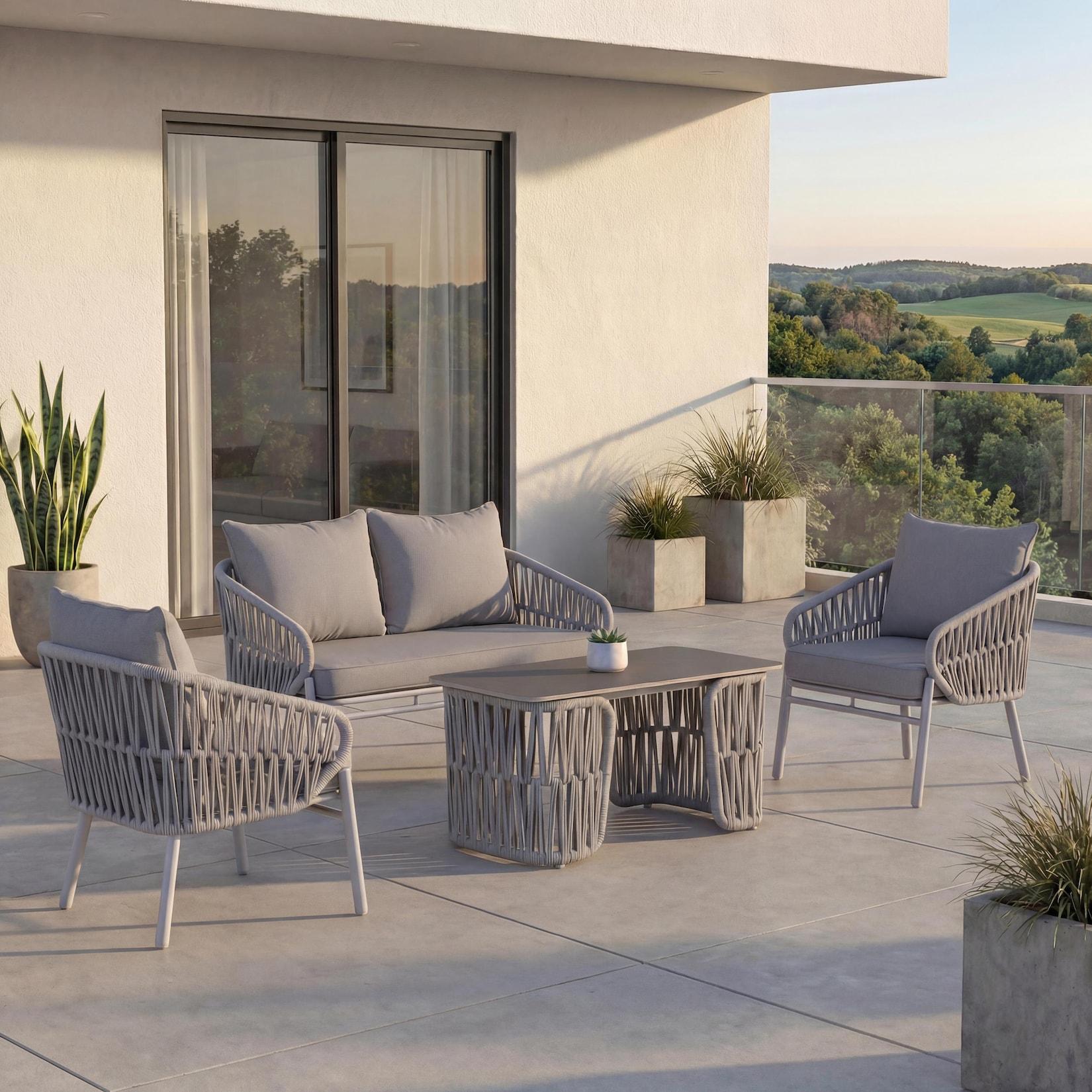 Gartengarnitur MCW-P90, Lounge-Set Gartenlounge Sofa Sessel Tisch, Seilgeflecht Rope Stoff/Textil (180g/m²) ~ hellgrau